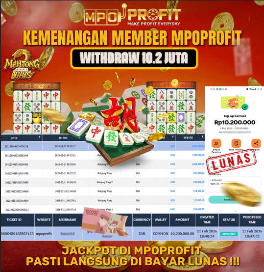 MPOPROFIT JACKPOT SLOT PGSOFT! KEMENANGAN MURNI DI (MAHJONG WAYS TOTAL 10.200.000,- LUNAS)